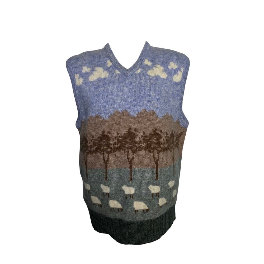 Vintage Westmorland Sweater‎ Vest Wool Sheep Landscape 70's Handframe 42 small